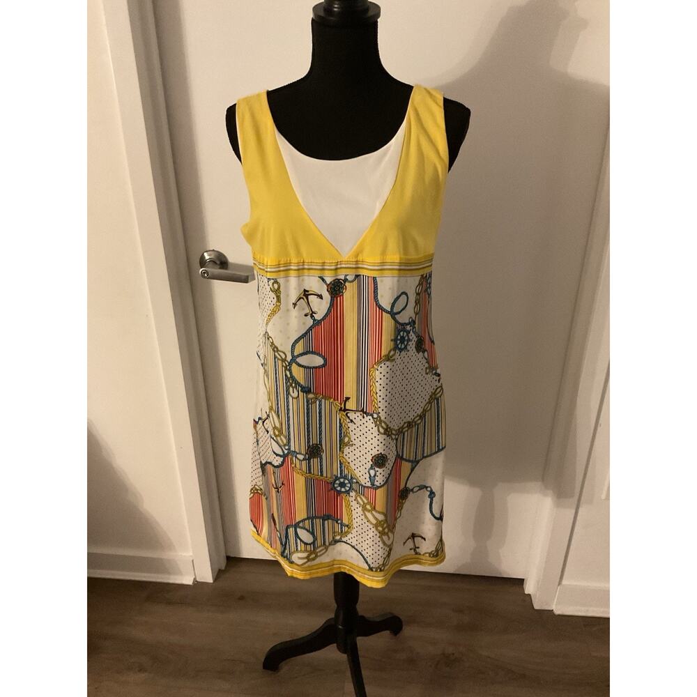 FORLA Paris Shift Mini Dress L Yellow White Geometric Print Sleeveless Lined